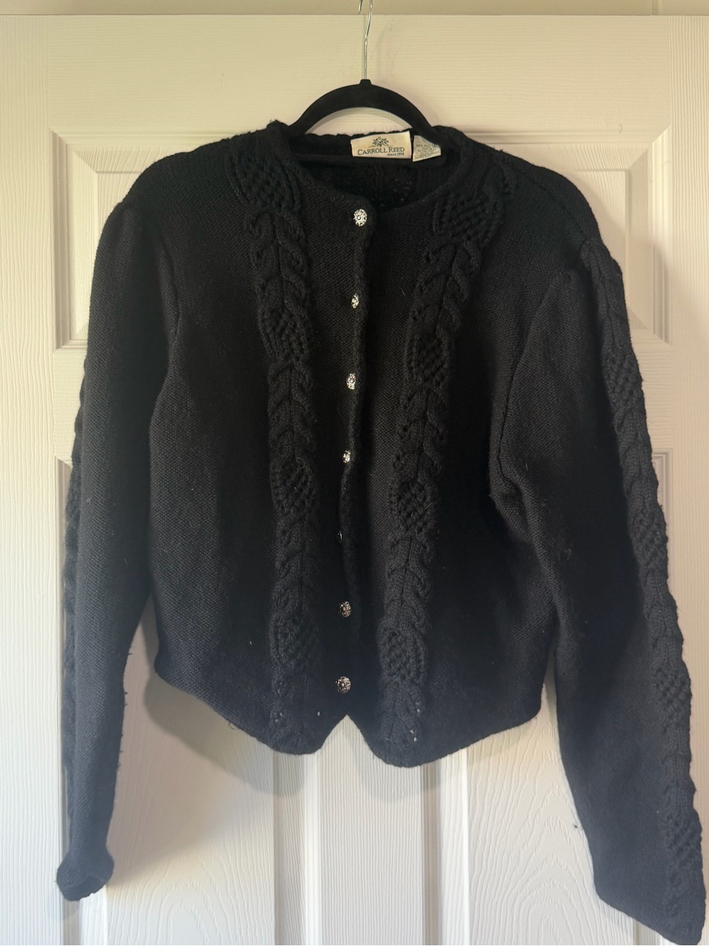 Vintage wool sweater Black Cable-Front Button Cardigan